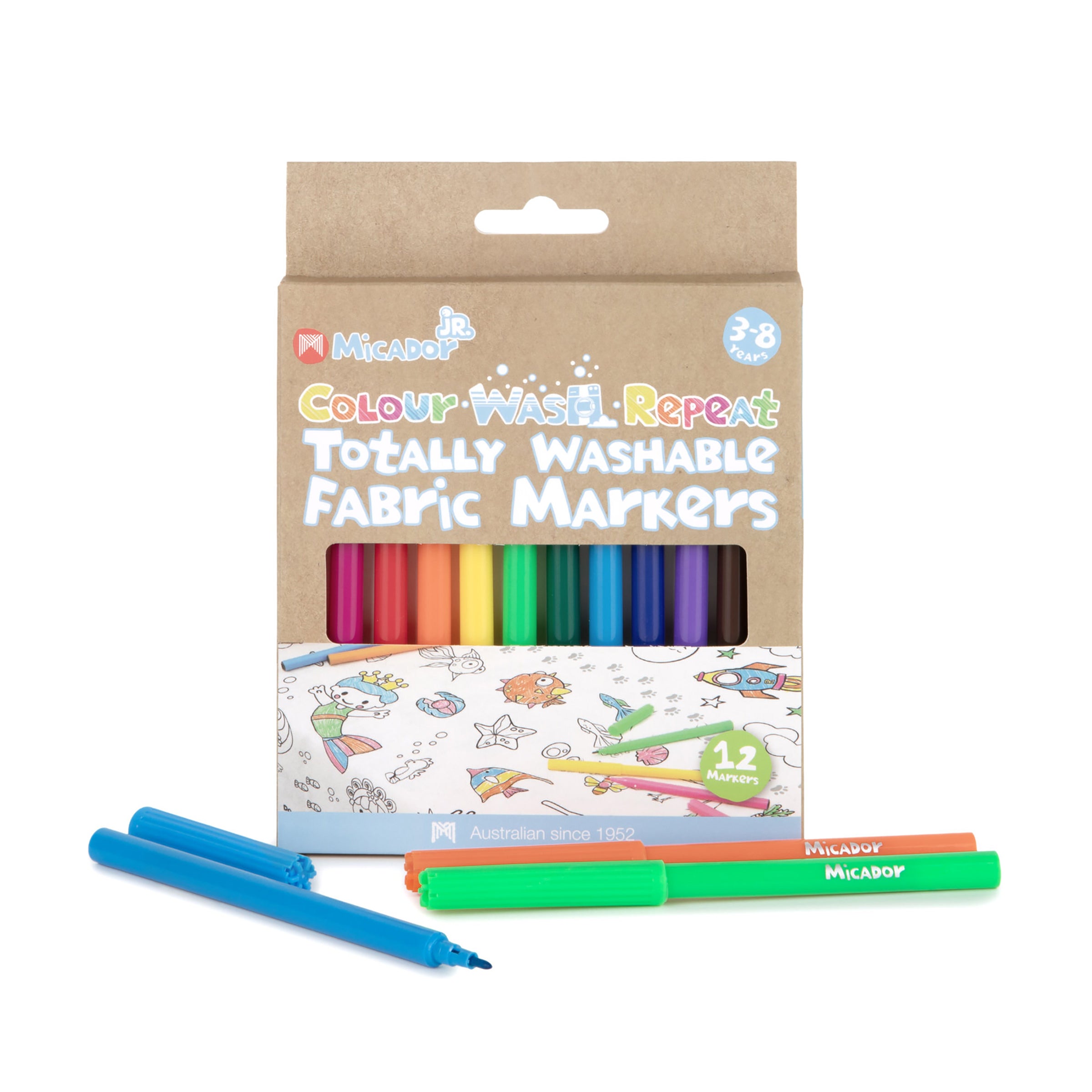 Micador Jr Colour Wash Repeat Totally Washable Fabric Markers 12Pk