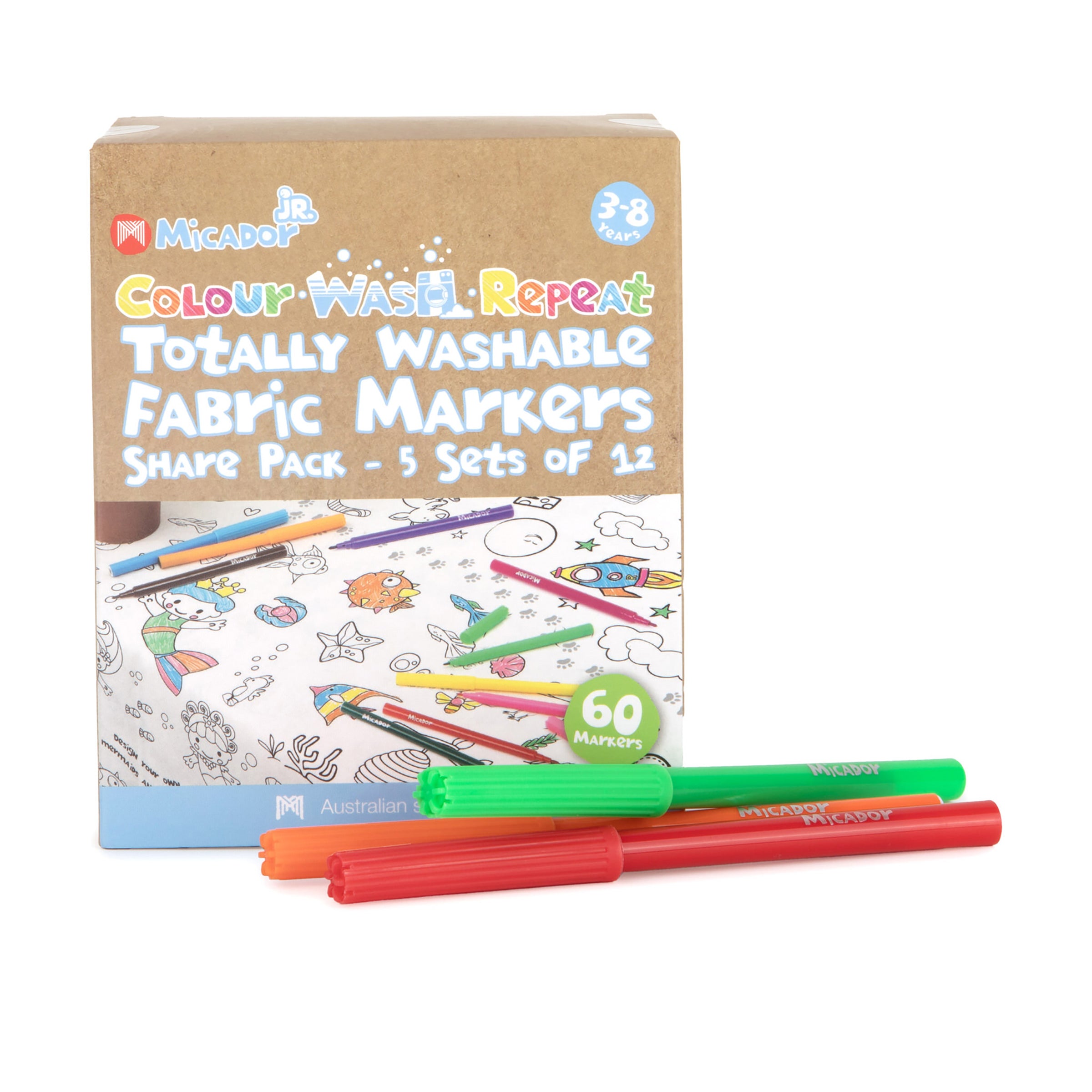Micador Jr Colour Wash Repeat Totally Washable Fabric Markers 60Pk