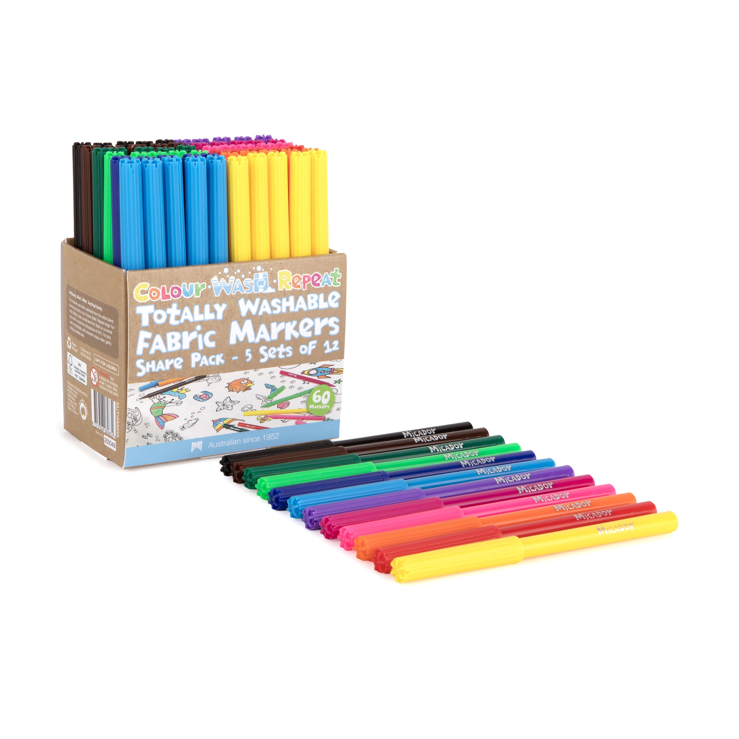 Micador Jr Colour Wash Repeat Totally Washable Fabric Markers 60Pk