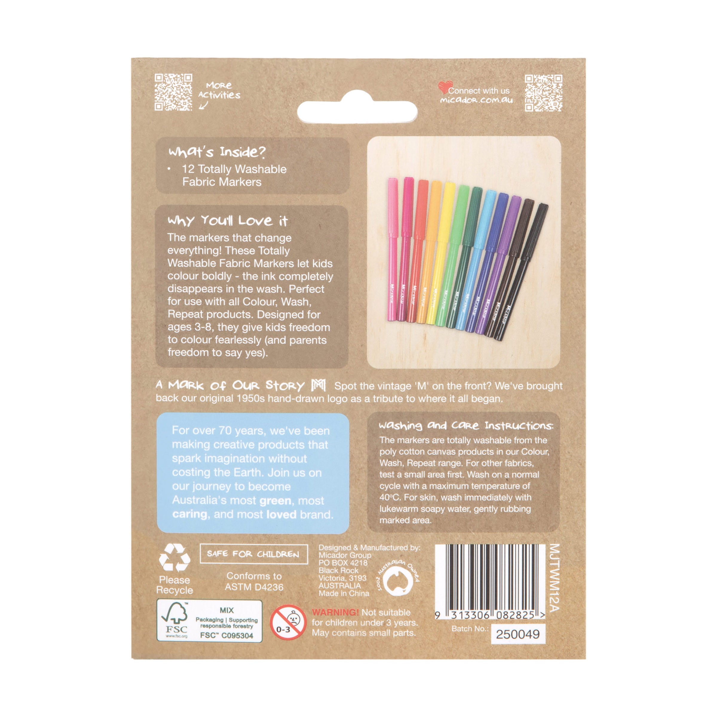 Micador Jr Colour Wash Repeat Totally Washable Fabric Markers 12Pk