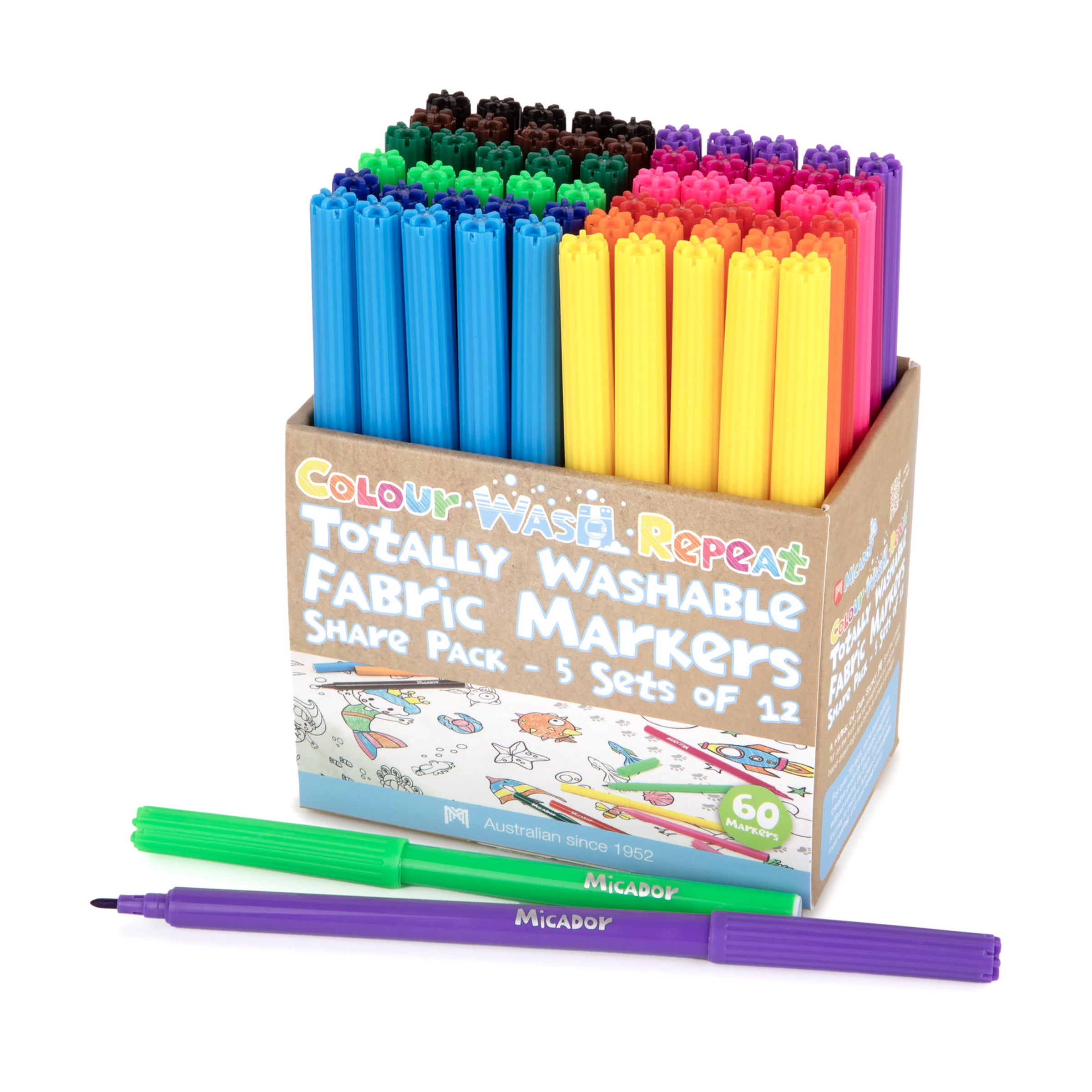 Micador Jr Colour Wash Repeat Totally Washable Fabric Markers 60Pk