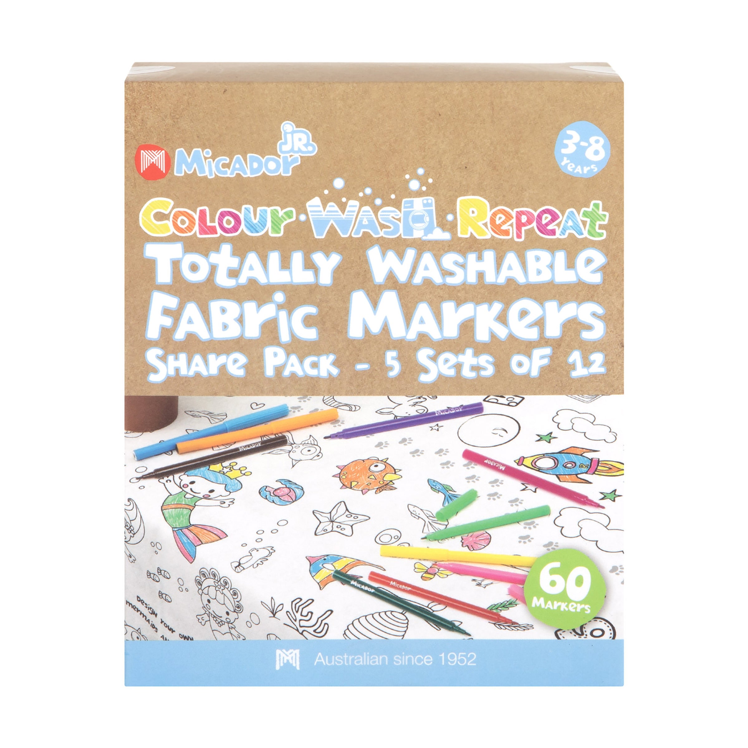 Micador Jr Colour Wash Repeat Totally Washable Fabric Markers 60Pk