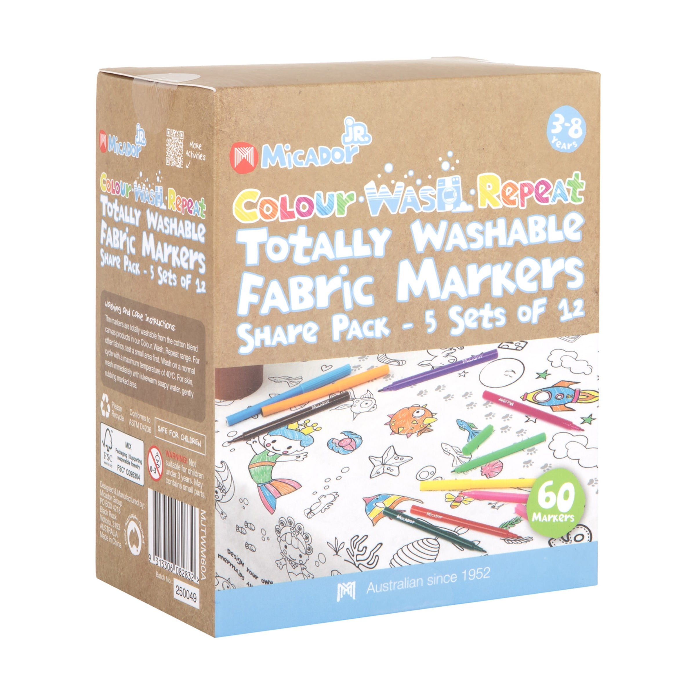 Micador Jr Colour Wash Repeat Totally Washable Fabric Markers 60Pk
