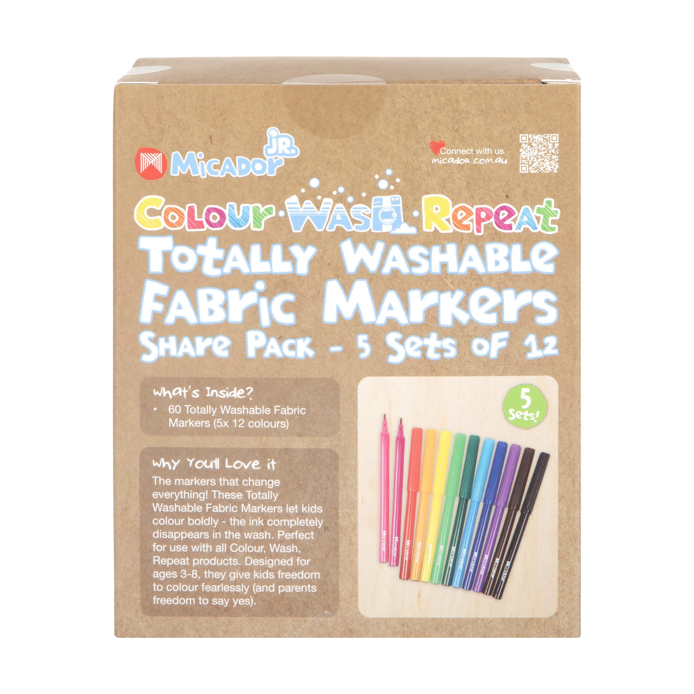 Micador Jr Colour Wash Repeat Totally Washable Fabric Markers 60Pk